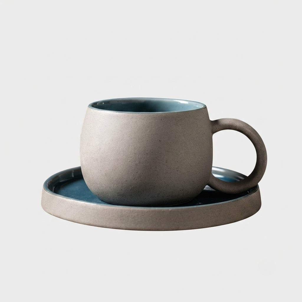 A minimalist ceramic coffee cup with a matching saucer, featuring a textured matte gray exterior and a glossy blue interior, set against a plain light gray background.