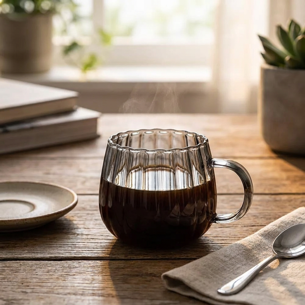 A ribbed clear glass mug filled with dark coffee, set on a rustic wooden table with a saucer, spoon, and books in a softly lit indoor setting.