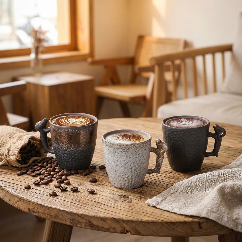 Three ceramic coffee mugs filled with cappuccino sit on a rustic wooden table in a warm, cozy cafe setting. The mugs feature textured finishes in dark brown, speckled light gray, and dark charcoal, with decorative animal-shaped handles and scattered coffee beans nearby.