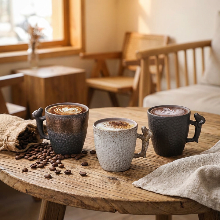 Three ceramic coffee mugs filled with cappuccino sit on a rustic wooden table in a warm, cozy cafe setting. The mugs feature textured finishes in dark brown, speckled light gray, and dark charcoal, with decorative animal-shaped handles and scattered coffee beans nearby.