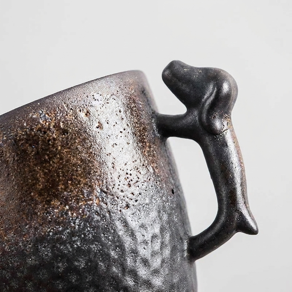 Close-up of a dark textured ceramic mug featuring a sculptural, stylized animal head handle in a matte black finish, set against a plain light gray background.