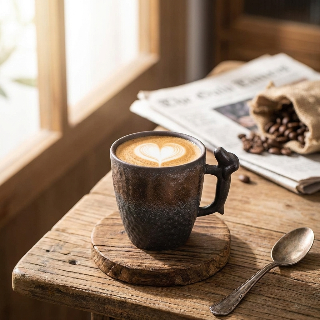 A dark textured ceramic coffee mug with a heart-shaped handle, filled with latte art coffee on a wooden coaster, set on a rustic wooden table next to a spoon and a newspaper.