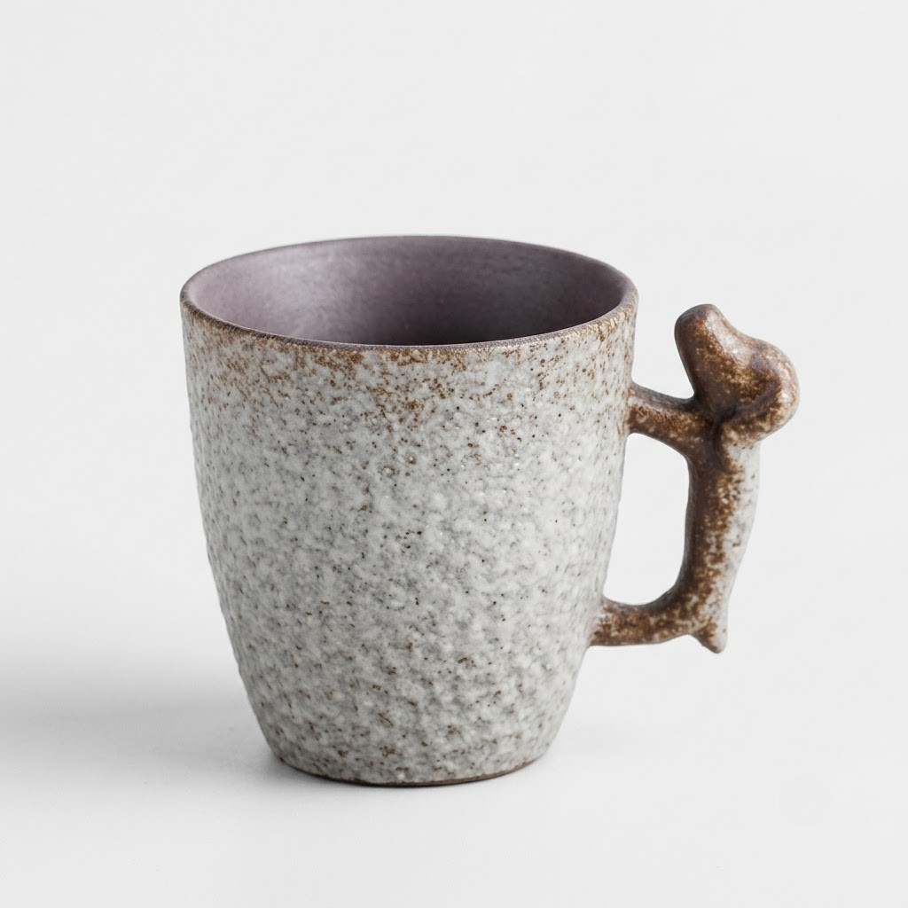 A speckled ceramic mug with a textured gray and white exterior, a muted purple interior, and a unique sculptural handle made from a brown animal bone, shown on a light gray background.