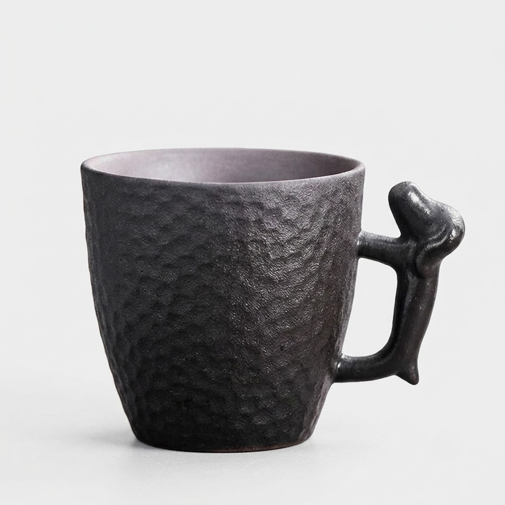 A dark textured ceramic mug with a unique sculptural handle shaped like a stylized animal head, shown on a light gray background.