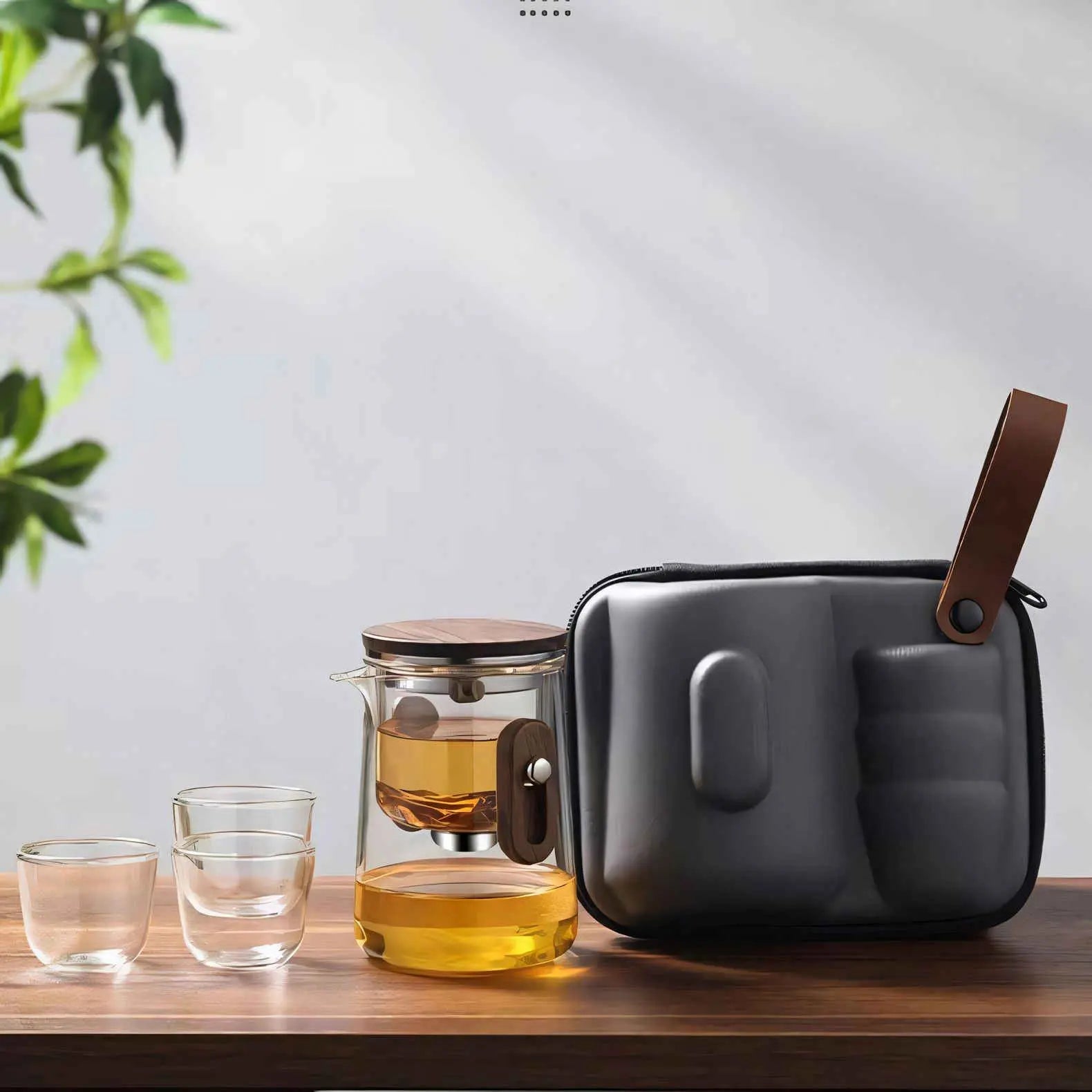 Travel Glass Tea Set with Filter Teapot, 3 Cups and Carry Case 2