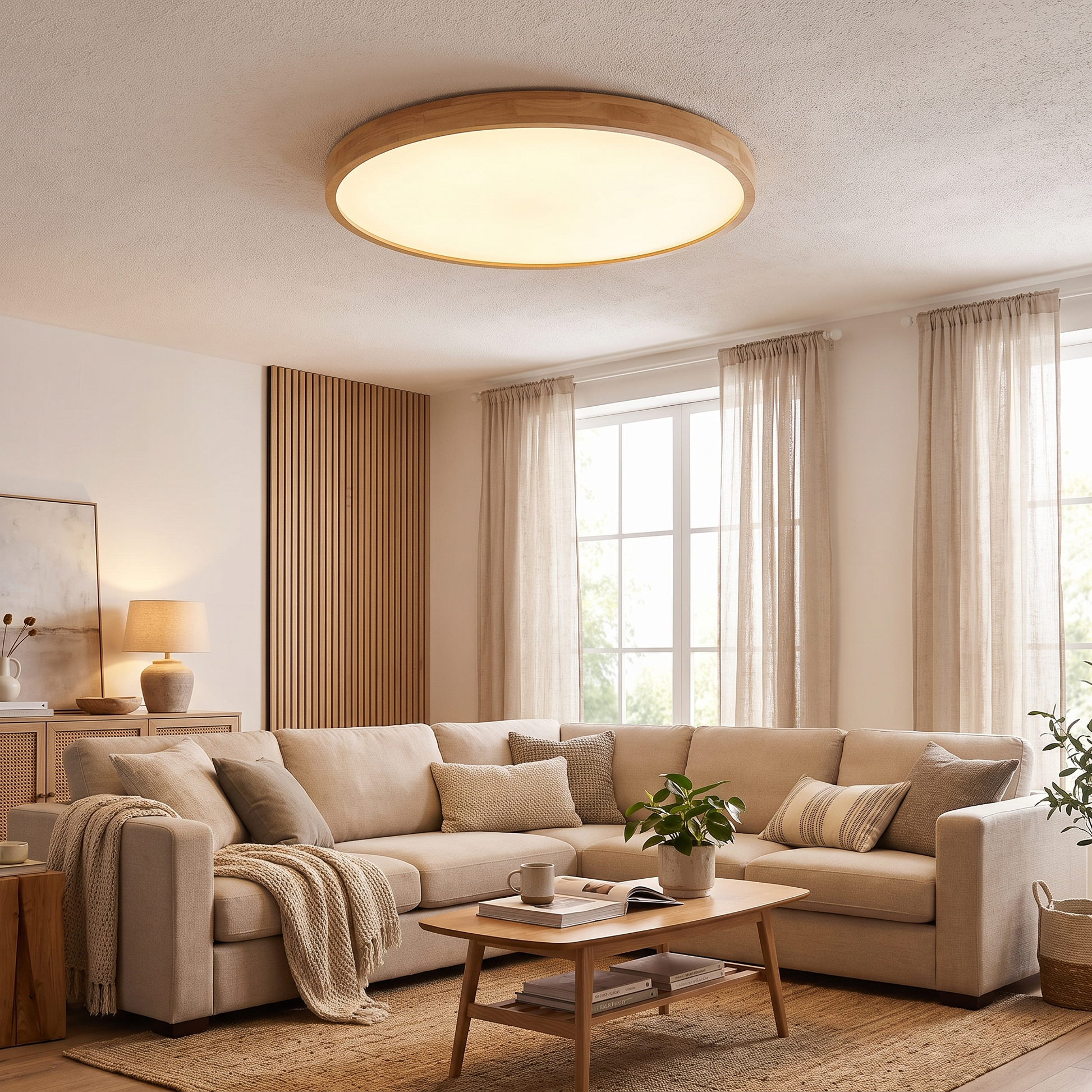 Ultra-Thin Solid Wood Round LED Flush Mount Ceiling Light 2