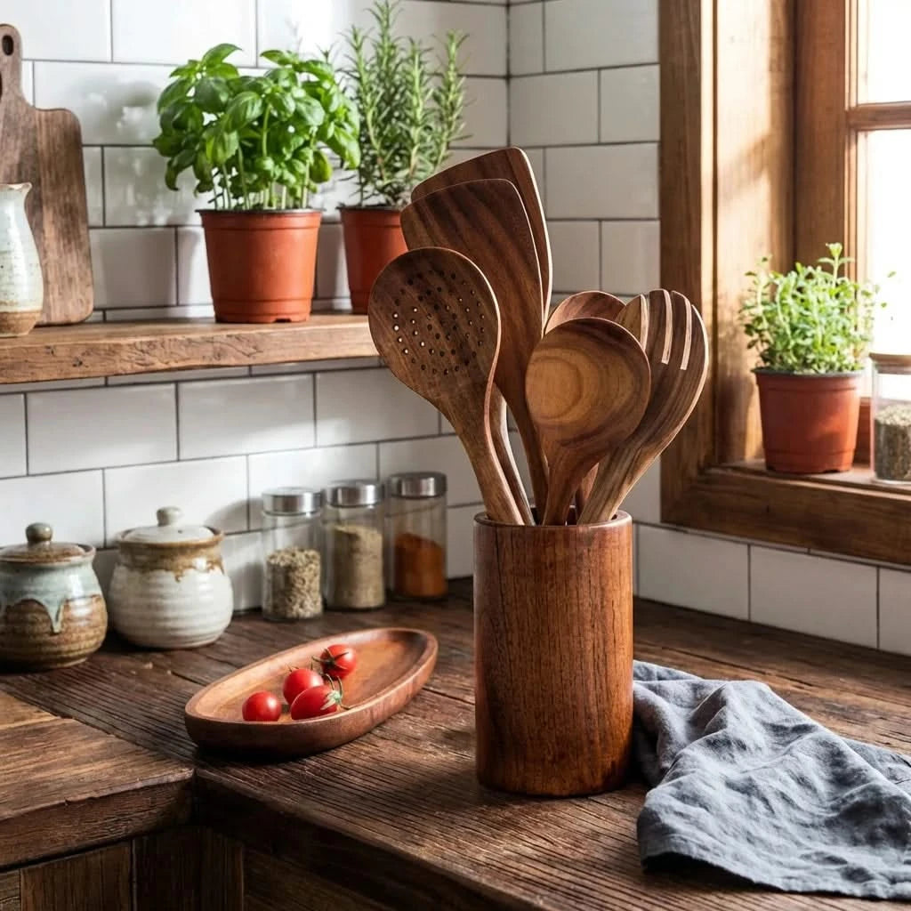 Utensil Holder, Solid Burmese Teak with Antimicrobial Finish 1