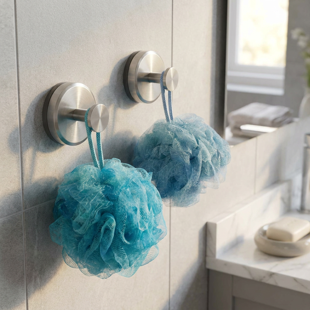 Two blue loofah bath sponges hanging from silver wall-mounted hooks on a light gray tiled bathroom wall, with a marble countertop and soap dish visible in the background.