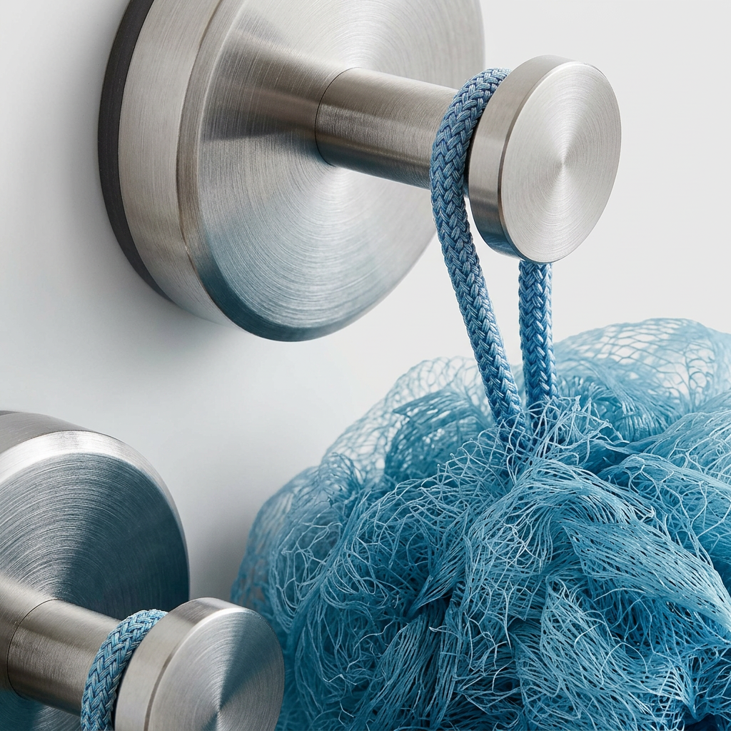 Brushed stainless steel wall-mounted hooks with blue rope loops holding a blue mesh loofah, shown against a clean white wall.