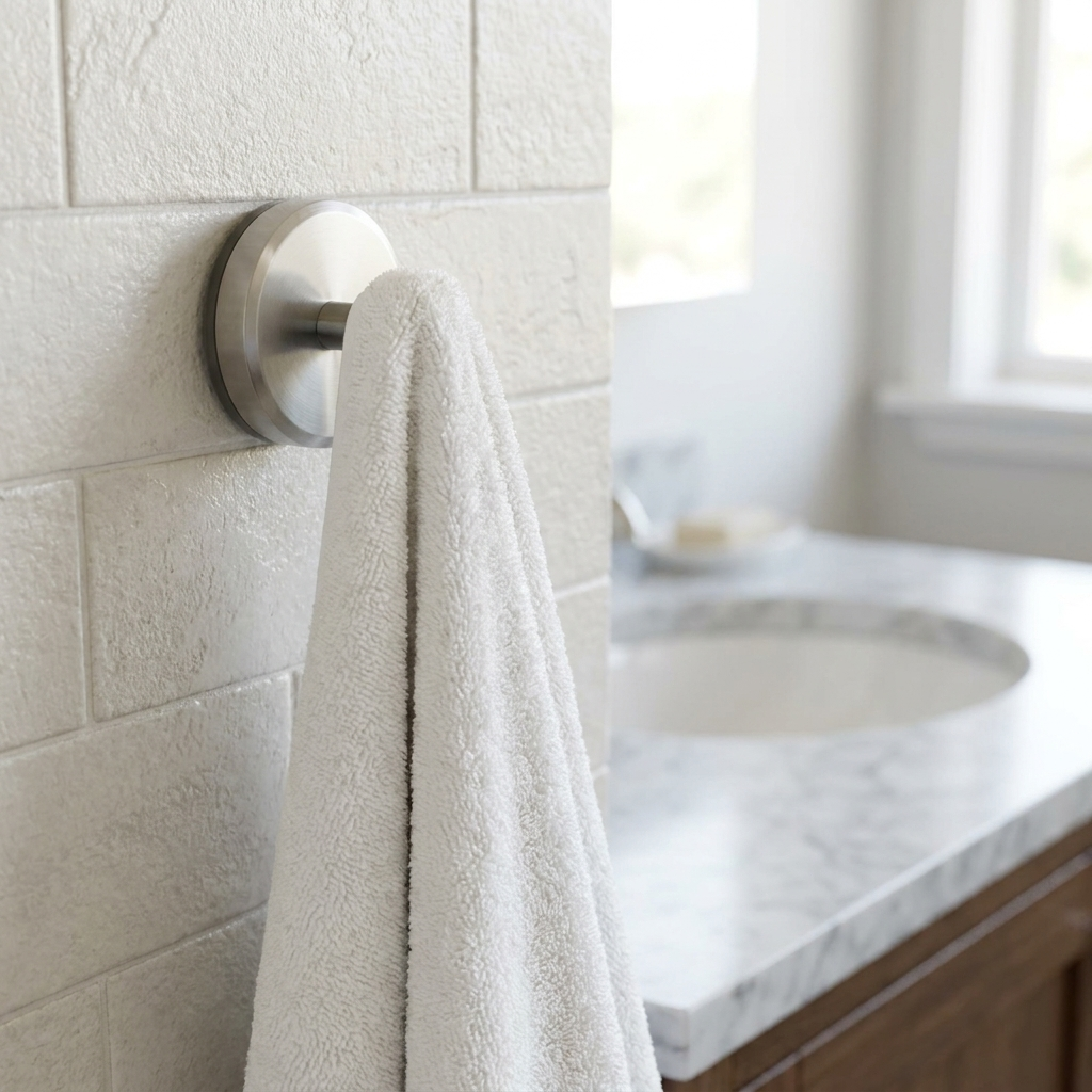 A white towel hanging from a brushed nickel wall-mounted towel ring in a bright, modern bathroom with a marble countertop and sink in the background.