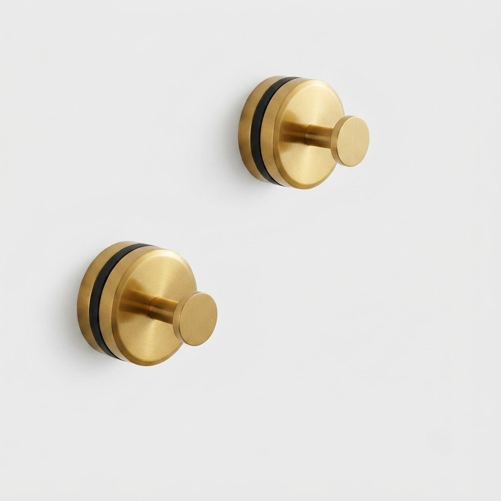 Two modern wall-mounted coat hooks in brushed gold with a black accent ring, shown on a clean white background.
