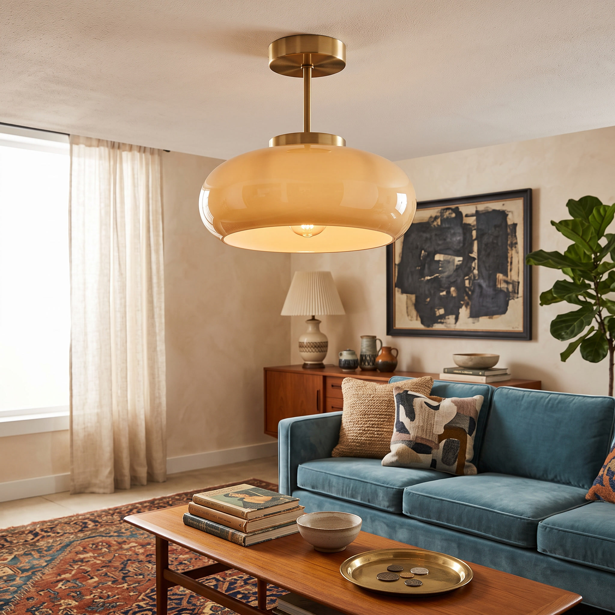 Vintage Brass and Yellow Glass Semi-Flush Mount Ceiling Light 1