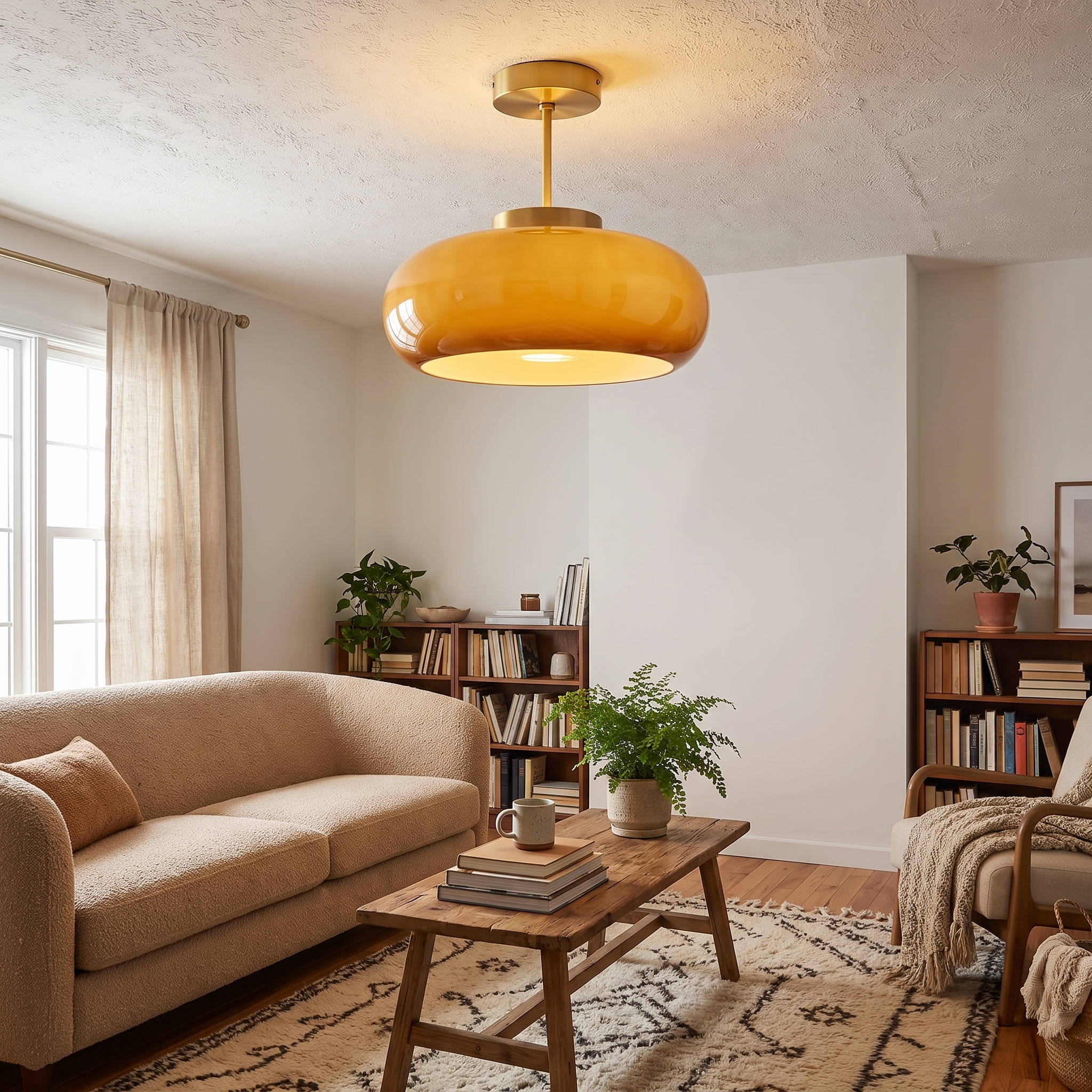 Vintage Brass and Yellow Glass Semi-Flush Mount Ceiling Light 2