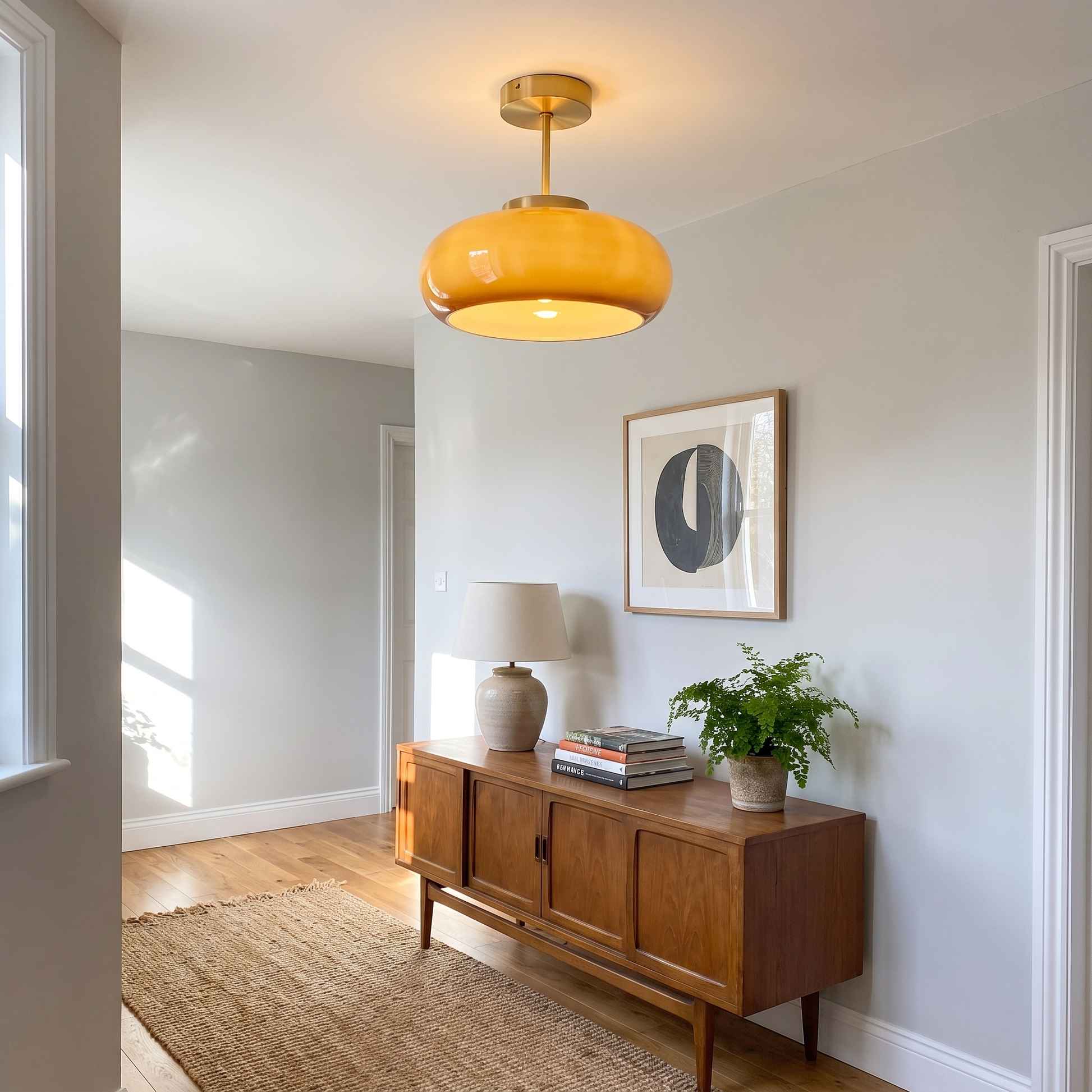 Vintage Brass and Yellow Glass Semi-Flush Mount Ceiling Light 3