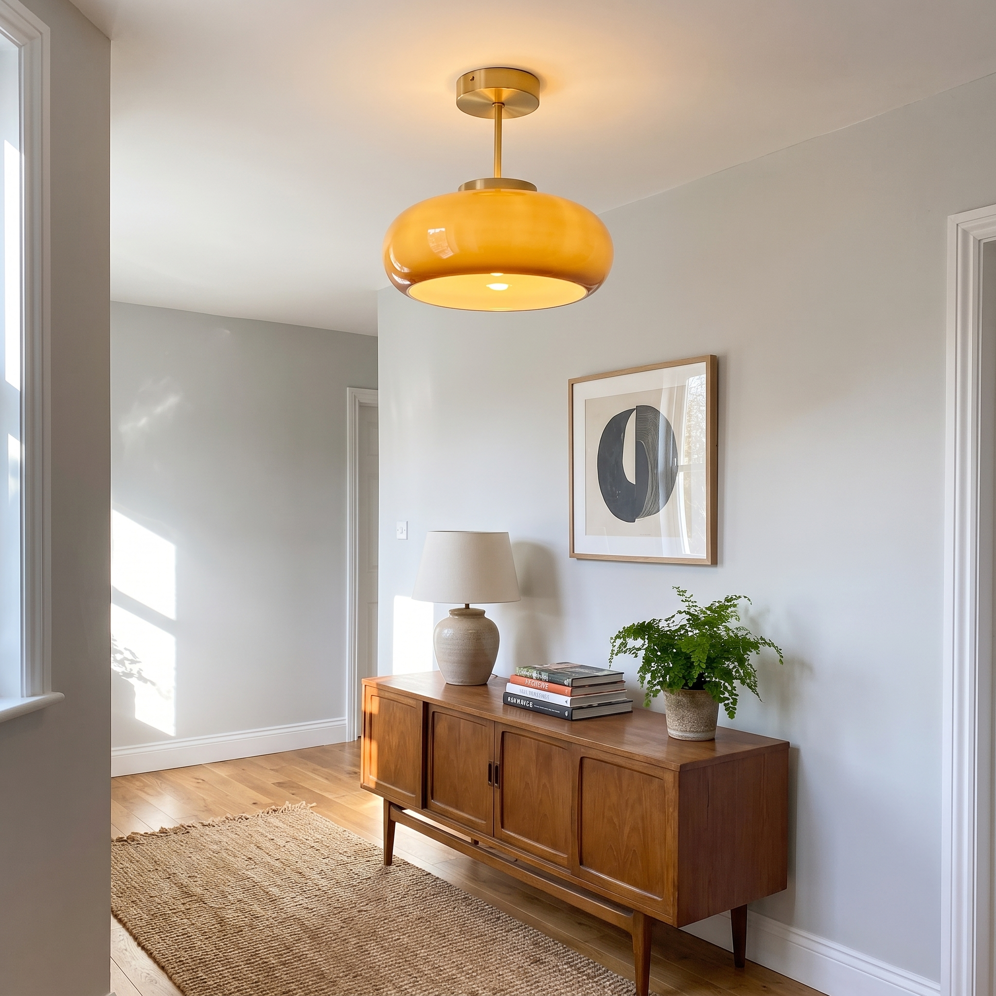 Vintage Brass and Yellow Glass Semi-Flush Mount Ceiling Light 3