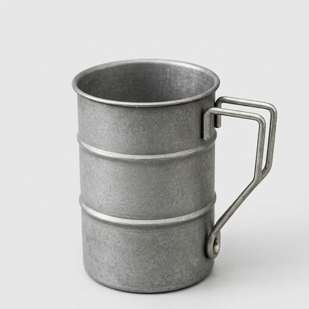 A galvanized metal camping mug with a fold-out handle, shown on a light gray background.