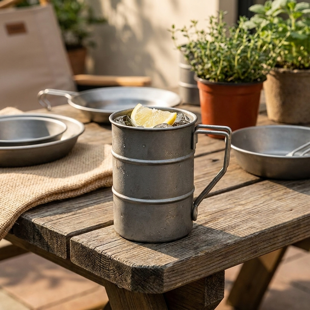 A rustic metal camping mug with a handle sits on a wooden table outdoors, filled with a drink and a lemon slice. Matching metal bowls and pans are arranged around it, with potted green plants in the background.