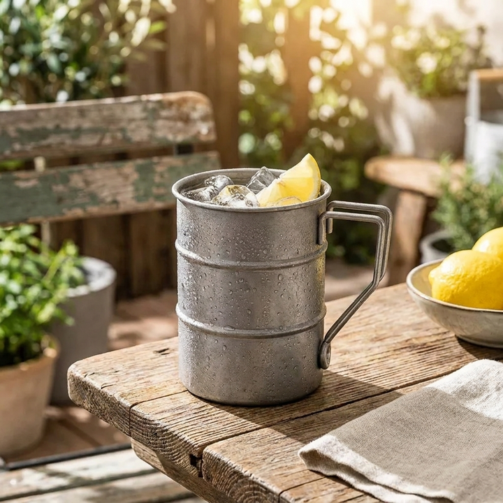 A galvanized steel mule mug with a handle, filled with ice and a lemon wedge, sitting on a rustic wooden table in an outdoor patio setting.