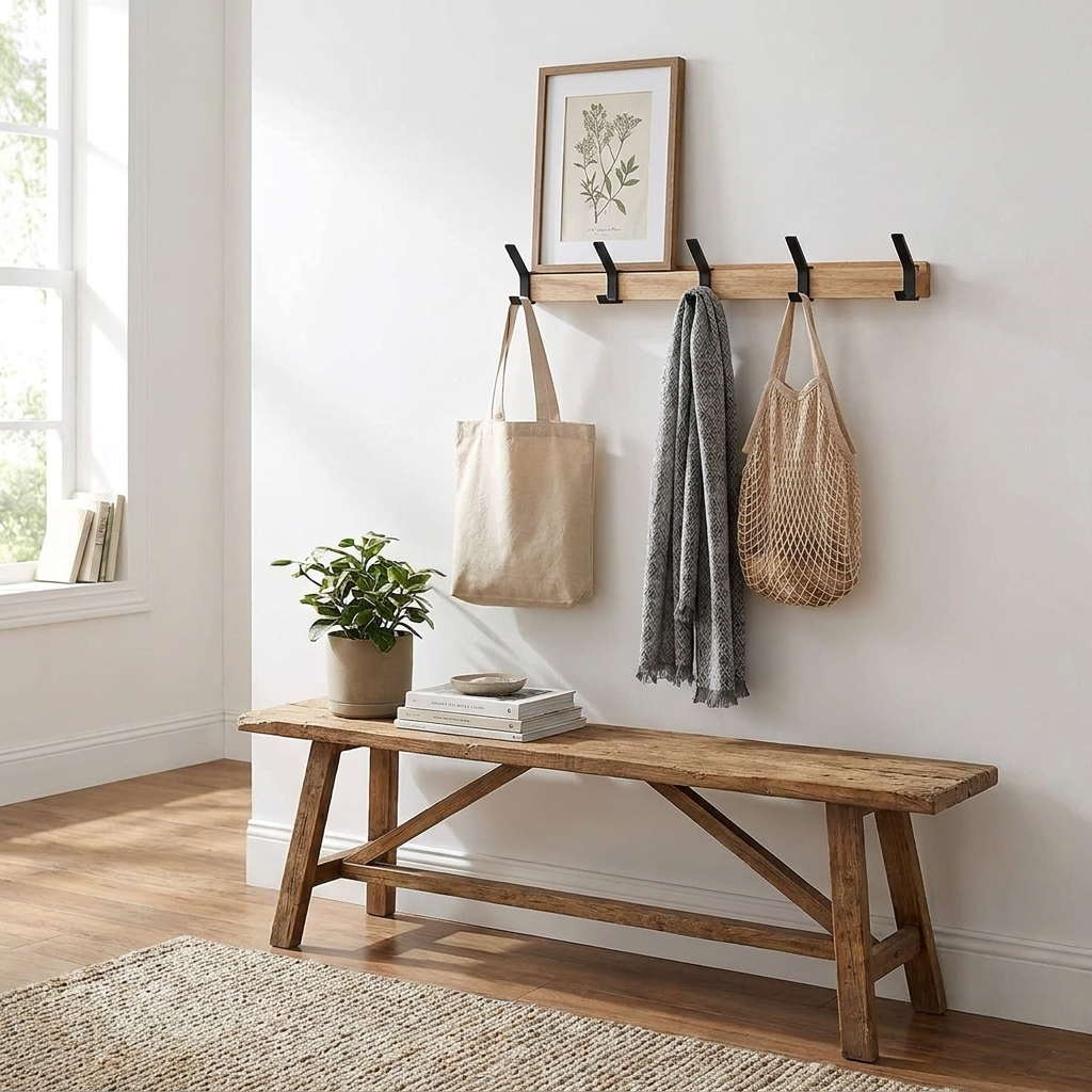 A rustic wooden entryway bench with a matching wall-mounted coat rack and black hooks, styled in a bright room with a plant, tote bags, a scarf, and framed wall art.