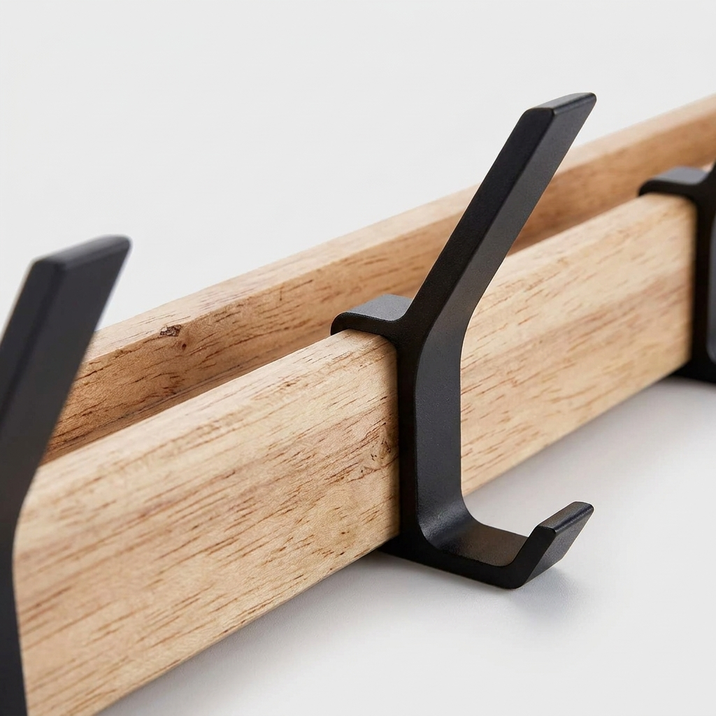 Close-up of a wall-mounted coat rack with black metal hooks attached to a light natural wood rail, shown against a clean white background.