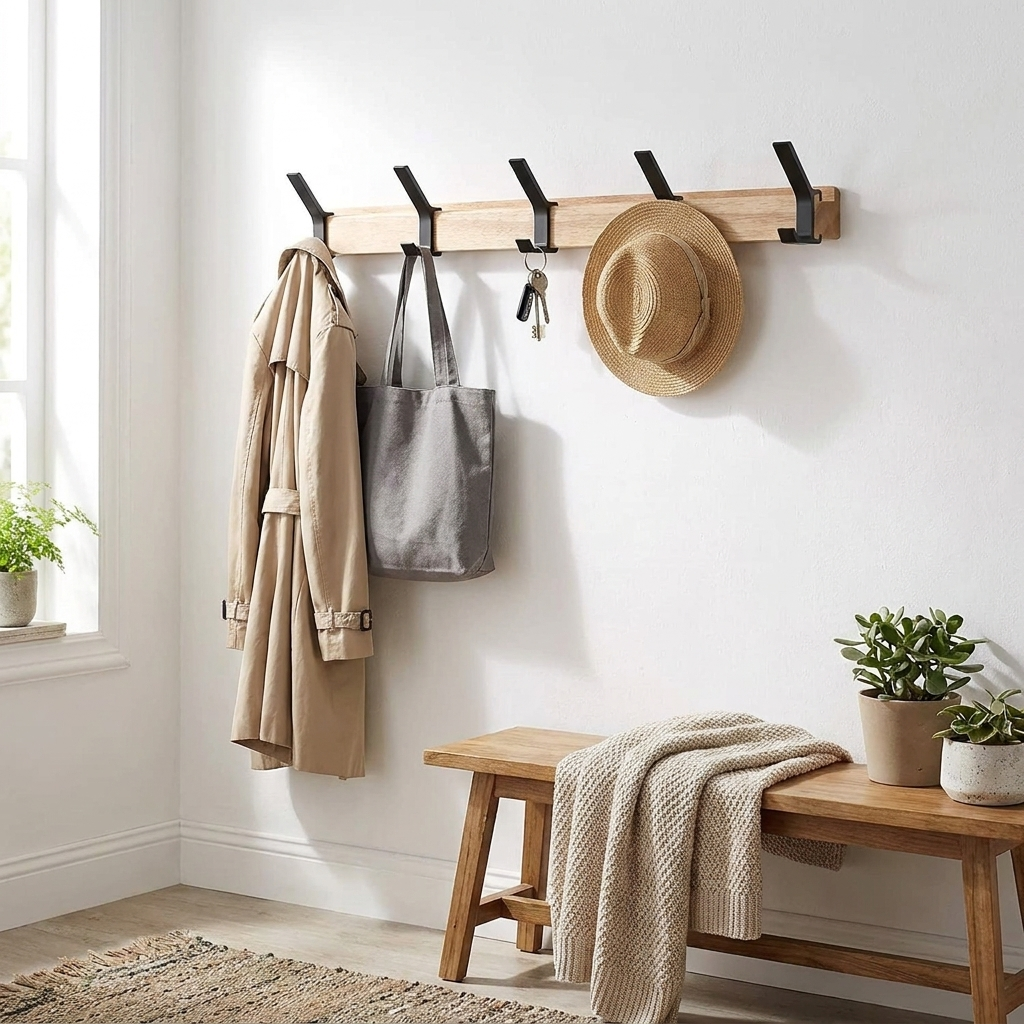 A wall-mounted wooden coat rack with black metal hooks in a bright entryway. A beige trench coat, gray tote bag, keys, and a straw hat hang from the rack, with a wooden bench and plants below.