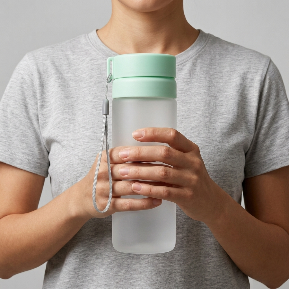 A frosted translucent water bottle with a mint green lid and a gray wrist strap, held by a person wearing a gray t-shirt against a light gray background.