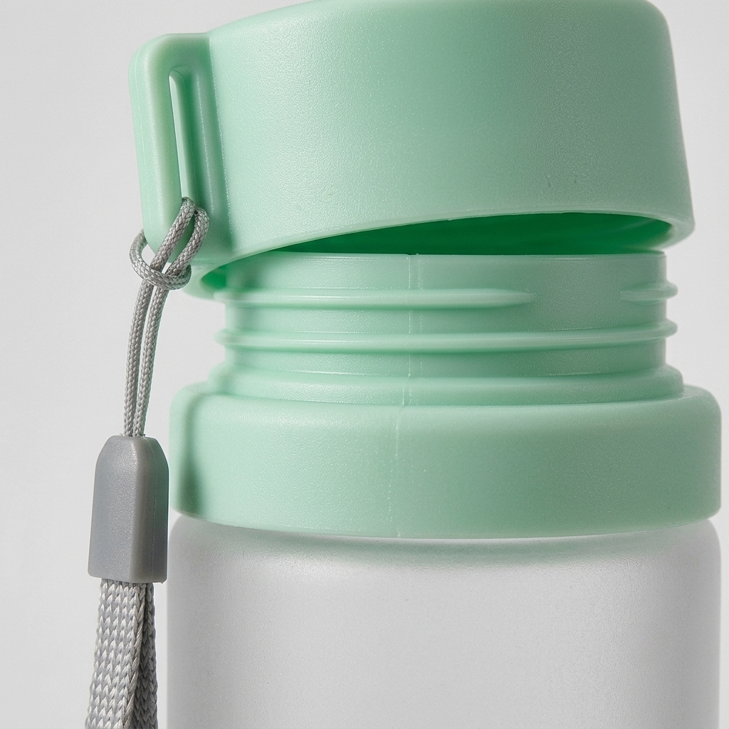 Close-up of a reusable water bottle with a mint green flip-top lid, gray carrying strap, and a frosted white bottle body on a light gray background.