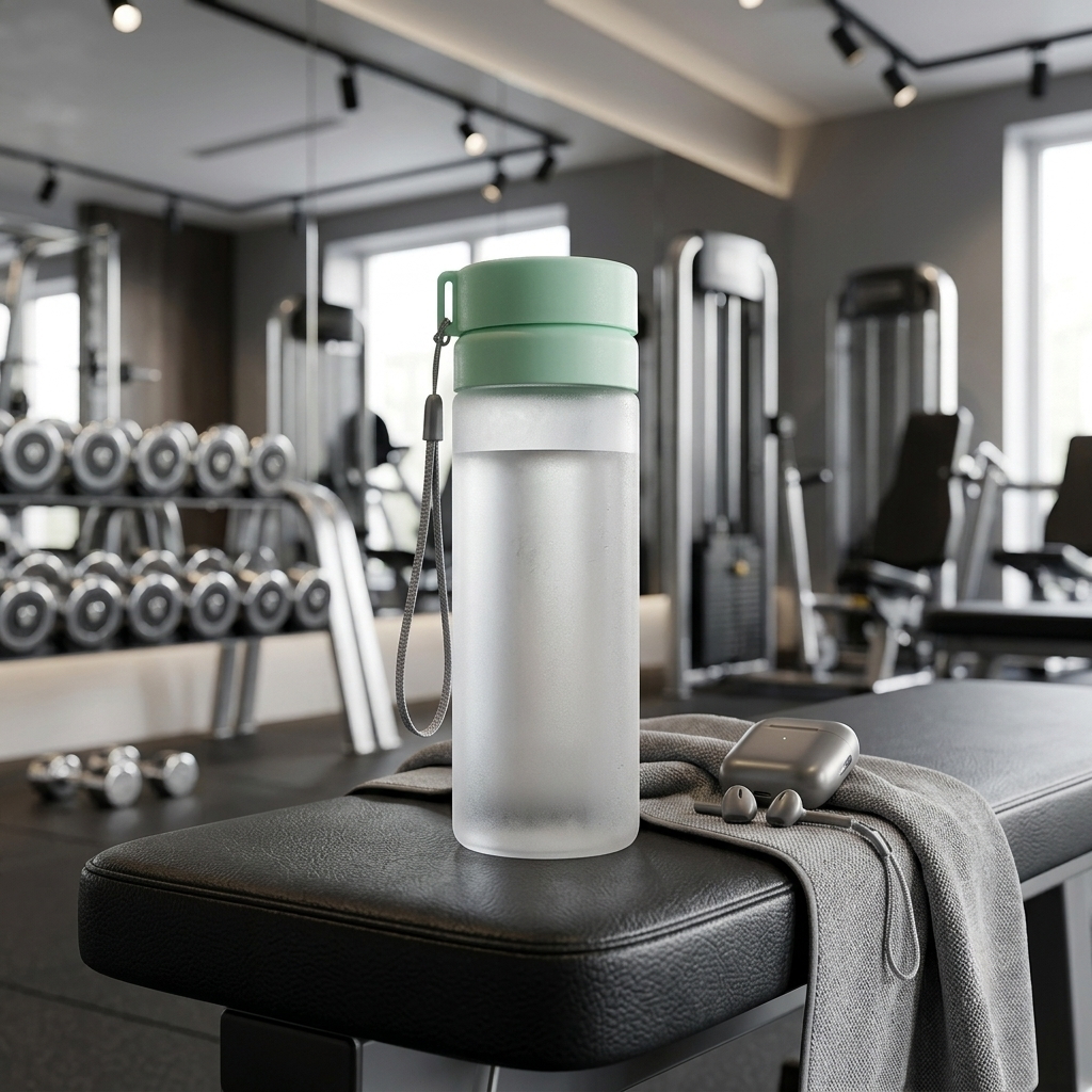 A frosted glass water bottle with a mint green cap and wrist strap sits on a black gym bench, with a gray towel and earbuds nearby in a modern gym setting.
