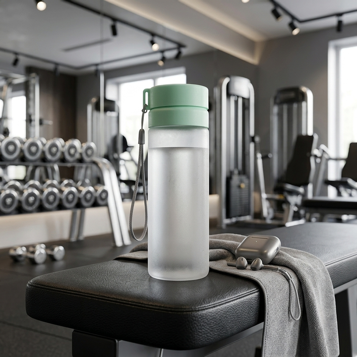 A frosted glass water bottle with a mint green cap and wrist strap sits on a black gym bench, with a gray towel and earbuds nearby in a modern gym setting.