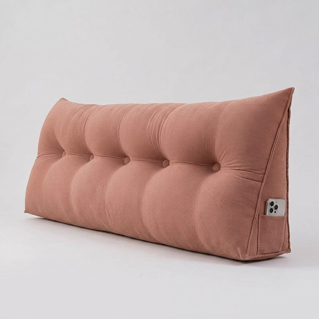 A long, rectangular tufted lumbar pillow in a dusty rose pink corduroy fabric, shown on a clean light gray studio background.
