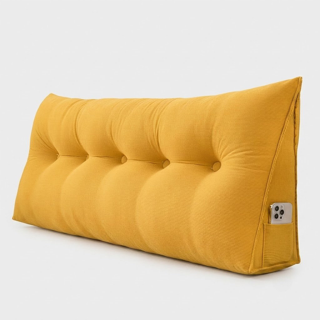 A yellow corduroy wedge backrest pillow with a tufted button design and a small silver metal stand on the side, shown on a light gray background.