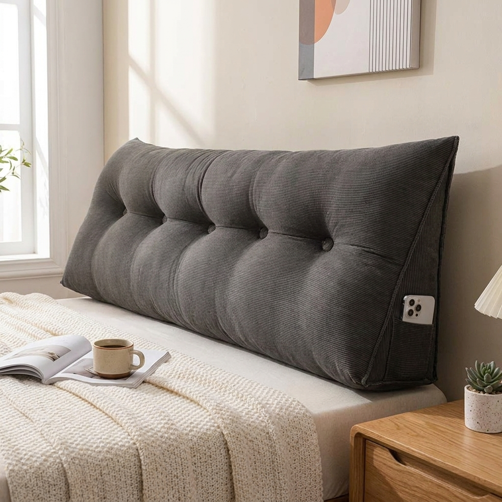 A dark gray tufted lumbar pillow leaning against a bed in a softly lit bedroom. The pillow has a corduroy-like texture and a small white side tag with three black dots.