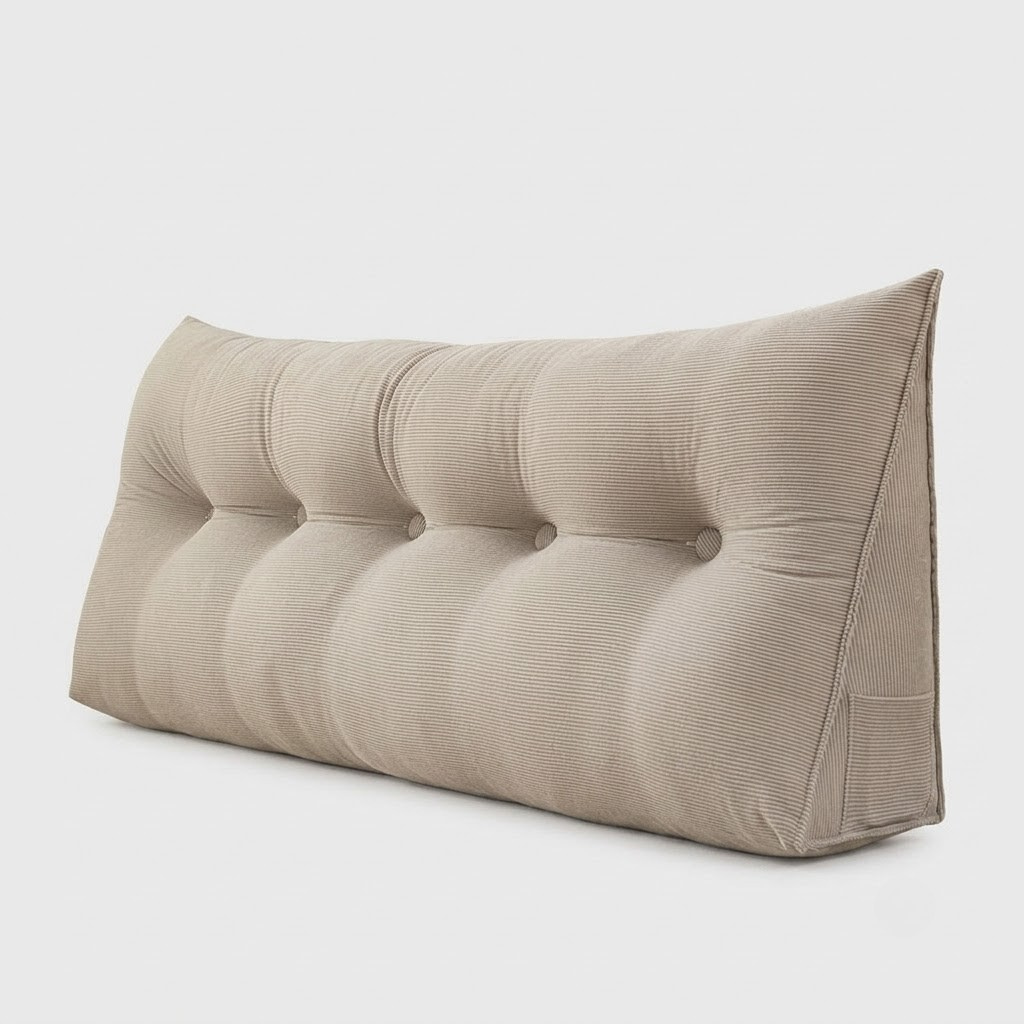 A long, triangular lumbar pillow in a textured corduroy fabric, featuring a tufted button design on the front, shown against a plain light gray background.