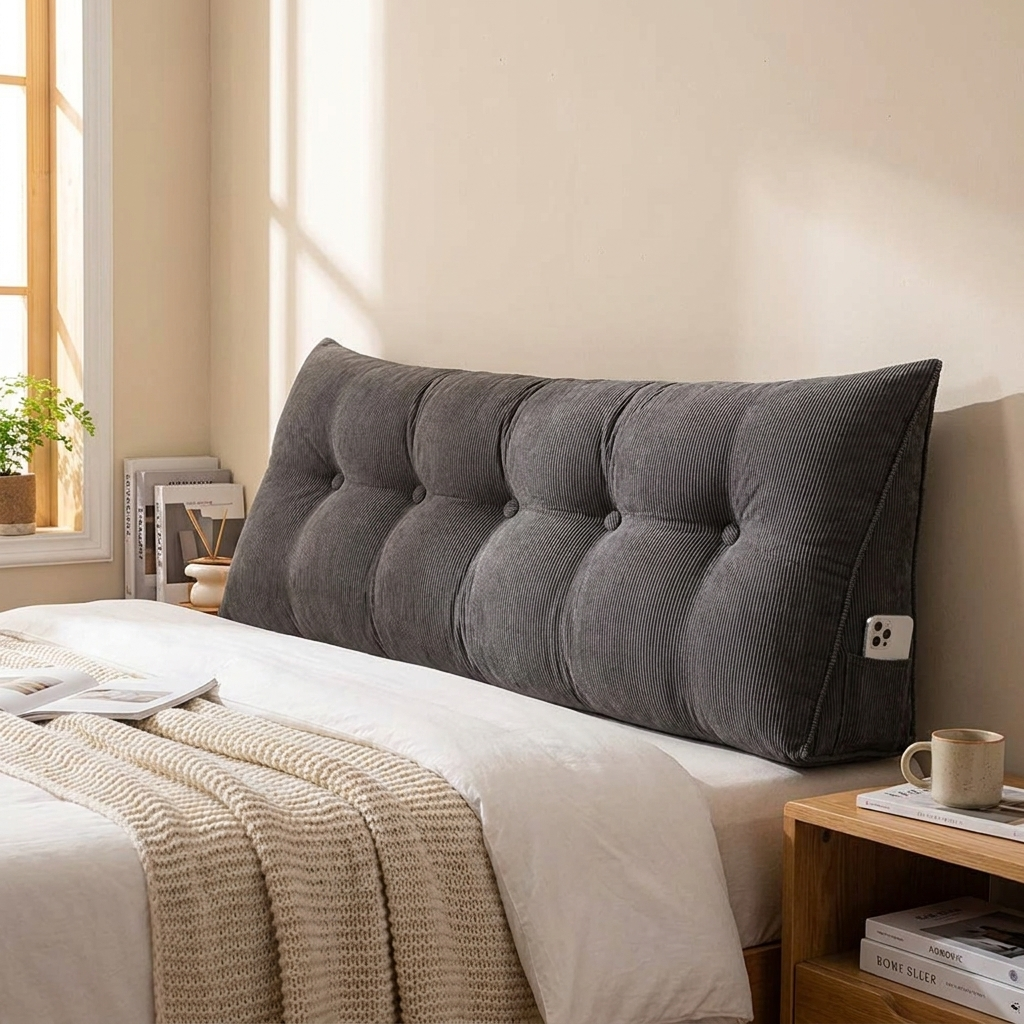 A dark gray tufted lumbar pillow resting on a bed in a warm, sunlit bedroom setting.