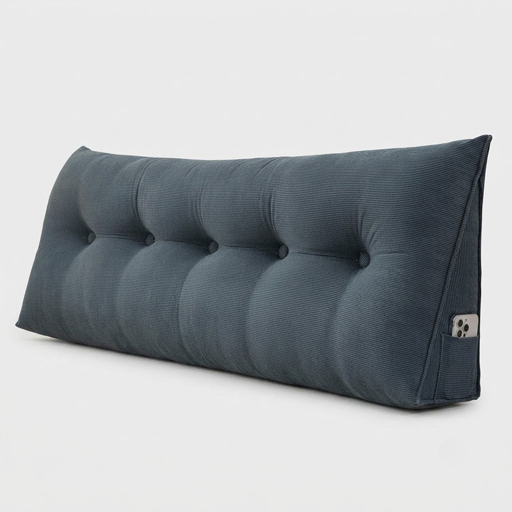 A dark slate blue tufted wedge pillow with a side pocket holding a smartphone, shown on a clean light gray background.