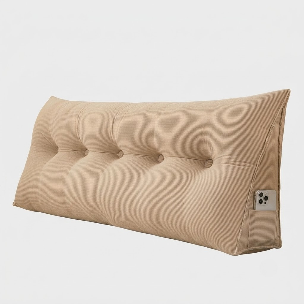 A long, tufted lumbar pillow in a light beige corduroy fabric, shown on a clean white background with a smartphone placed in its side pocket.