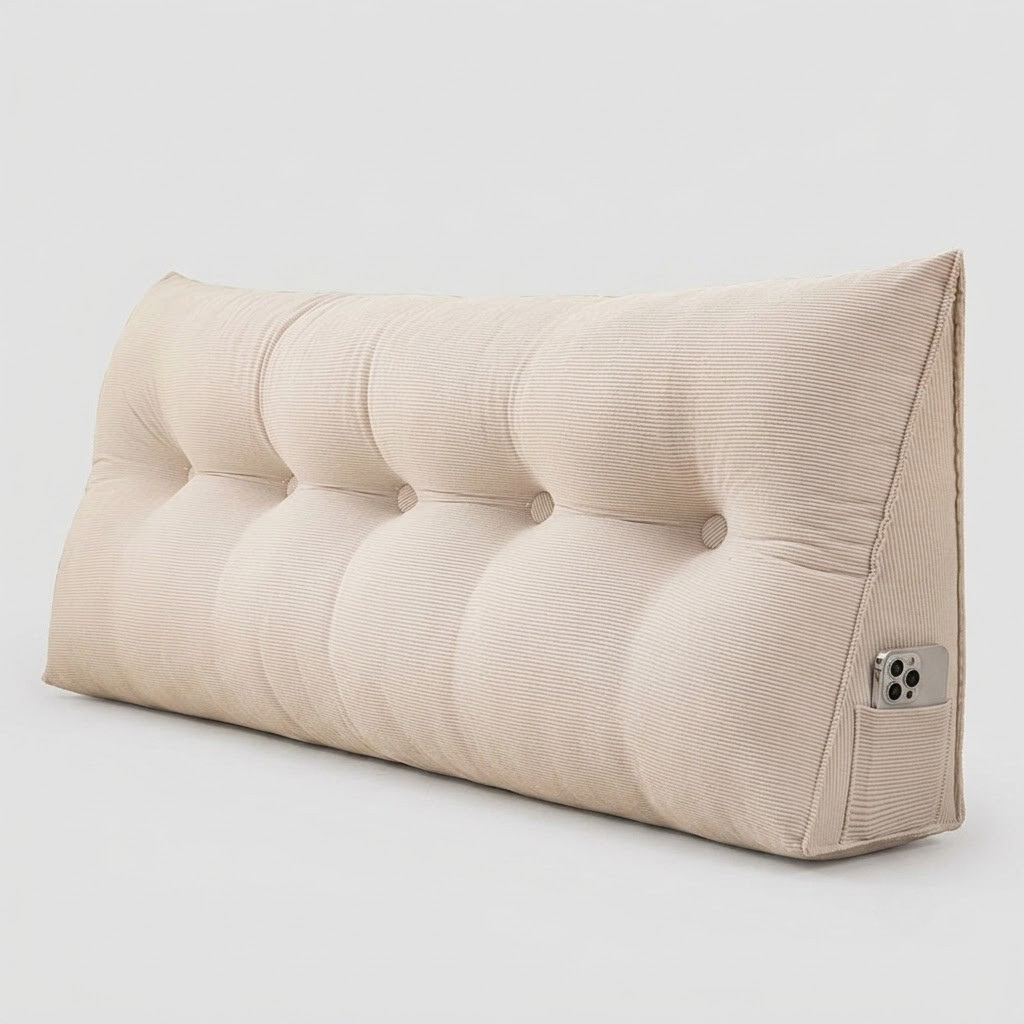 A long, triangular lumbar support pillow in a light beige corduroy fabric, featuring a tufted button design along the front and a side pocket holding a smartphone.