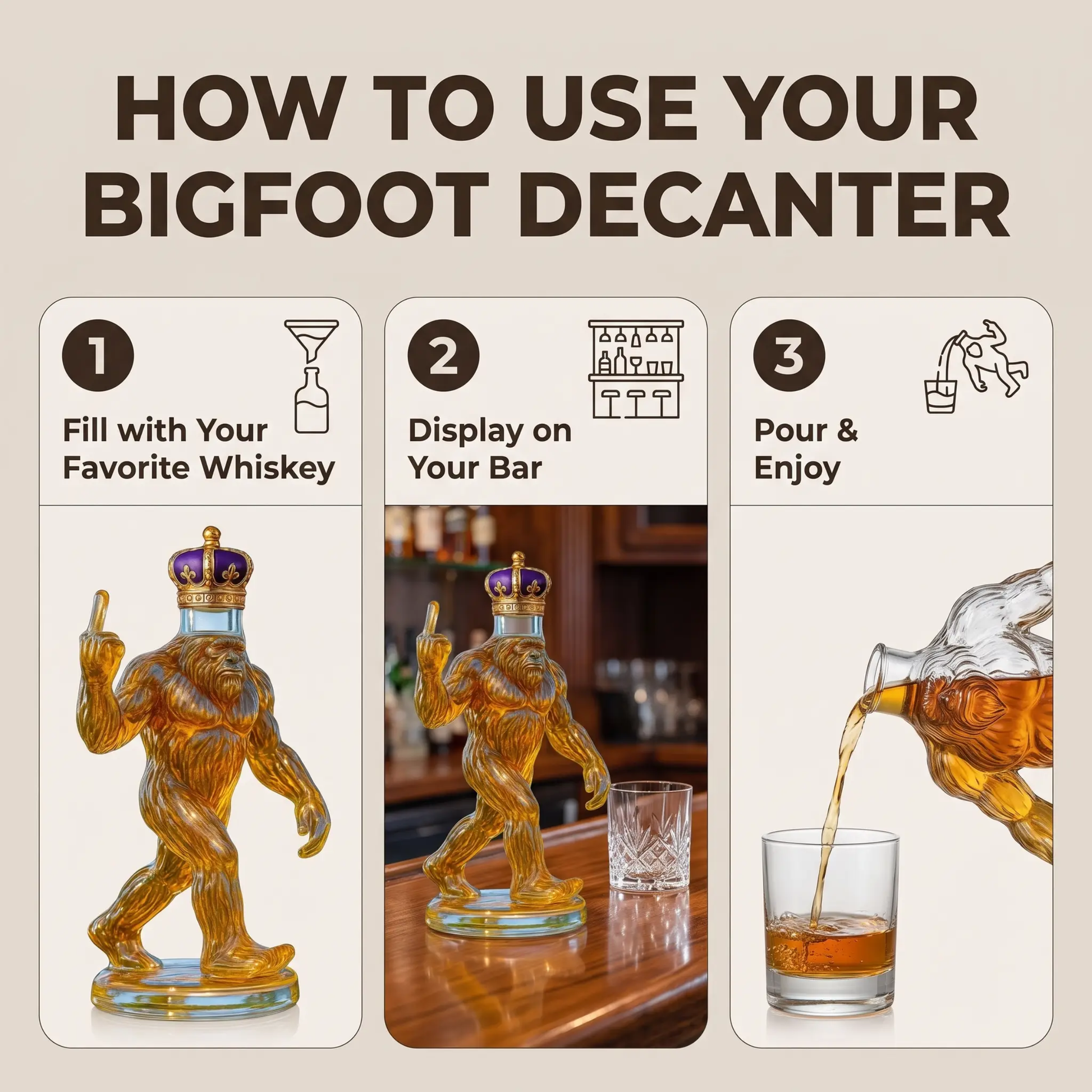Whiskey Decanter, Bigfoot Sculpted Glass Design 4