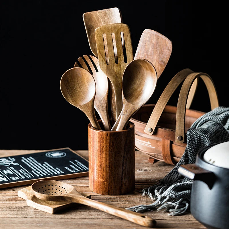 Wooden Cooking Spoons Set, Teak Wood with Utensil Holder 1