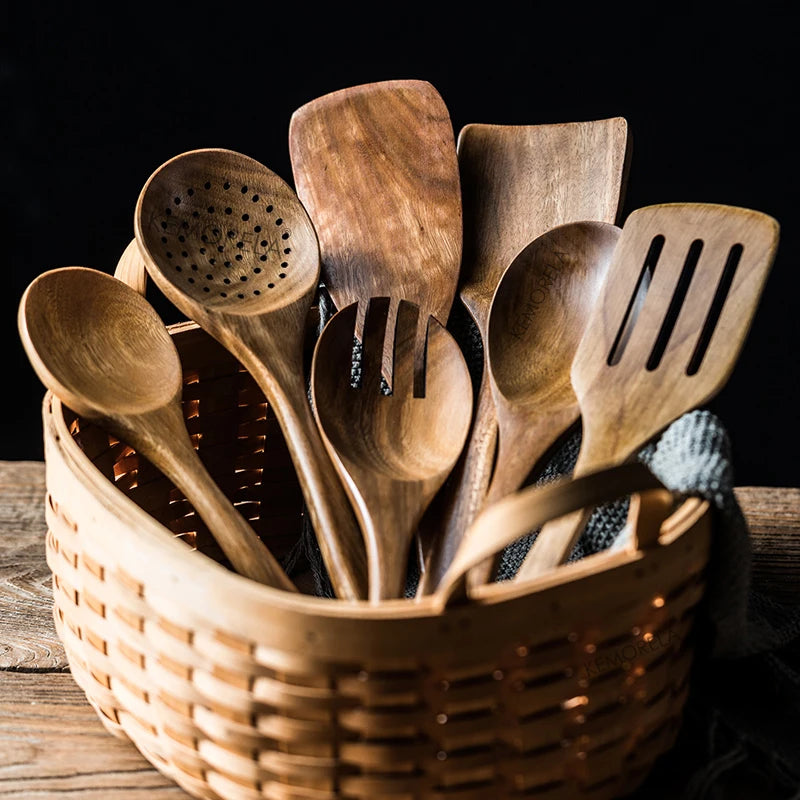 Wooden Cooking Spoons Set, Teak Wood with Utensil Holder 2