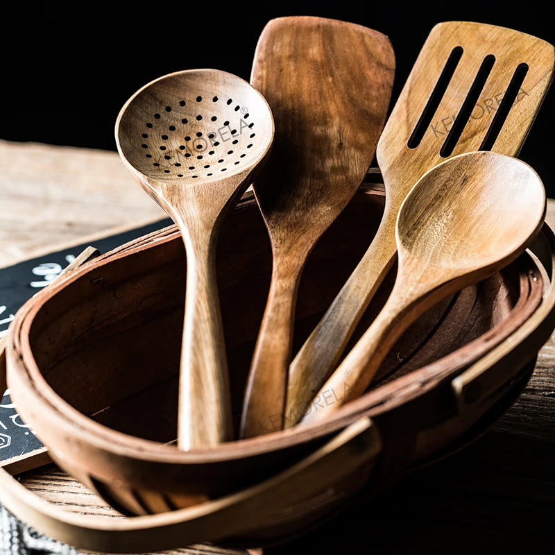 Wooden Cooking Spoons Set, Teak Wood with Utensil Holder 3