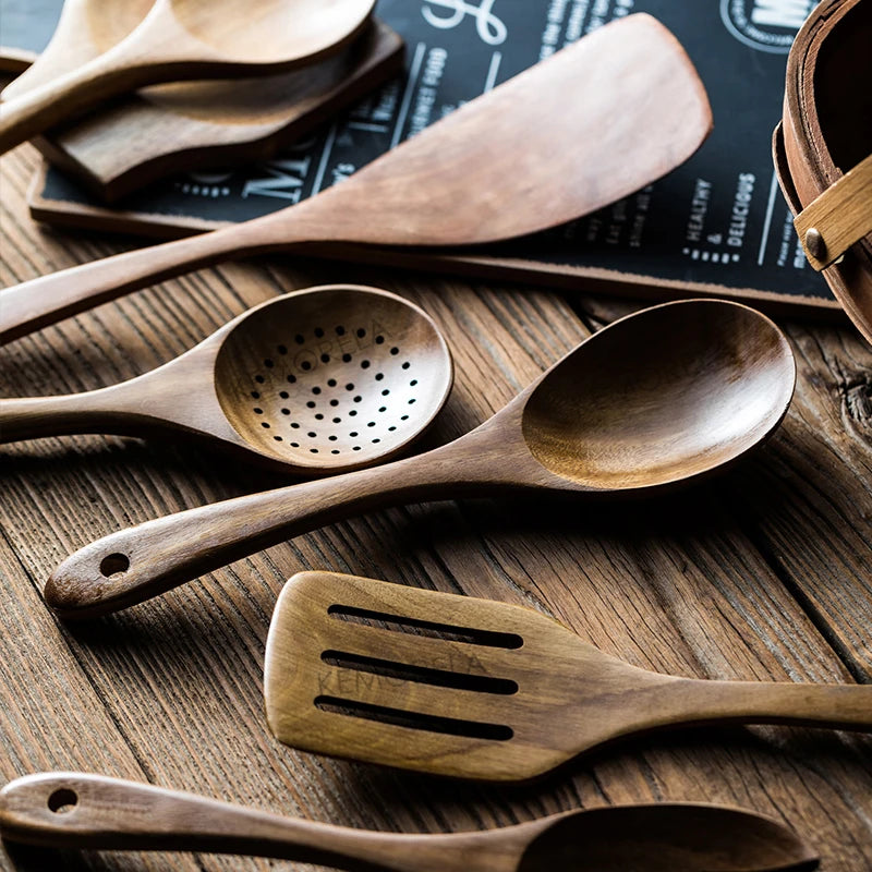 Wooden Cooking Spoons Set, Teak Wood with Utensil Holder 4