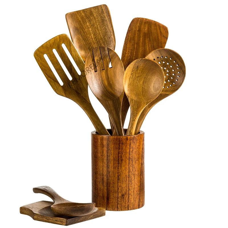 Wooden Cooking Spoons Set, Teak Wood with Utensil Holder 5