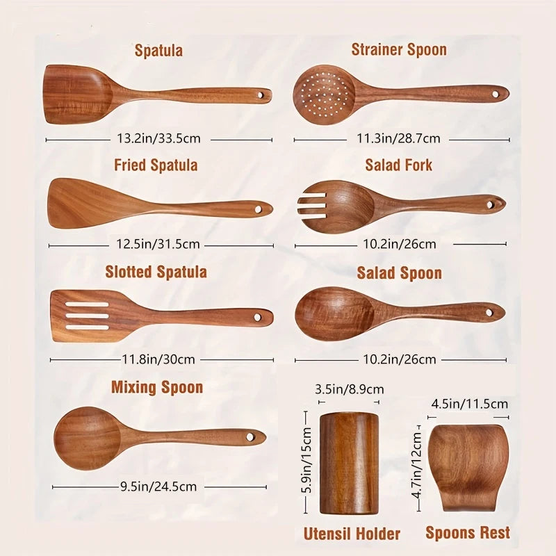 Wooden Cooking Spoons Set, Teak Wood with Utensil Holder 6