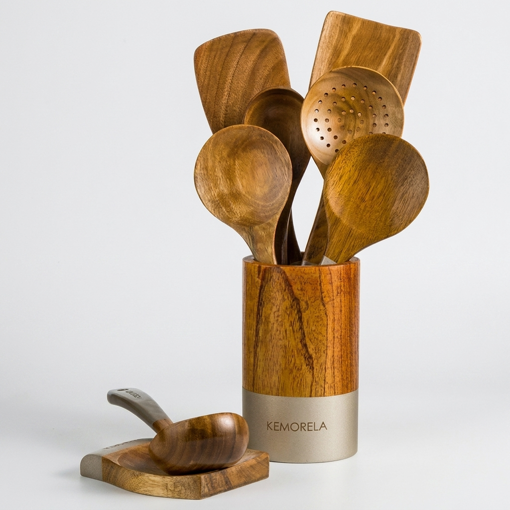 A set of wooden kitchen utensils with a matching wooden holder, photographed on a clean white studio background. The utensils include spoons, spatulas, and a strainer, all showing natural wood grain.