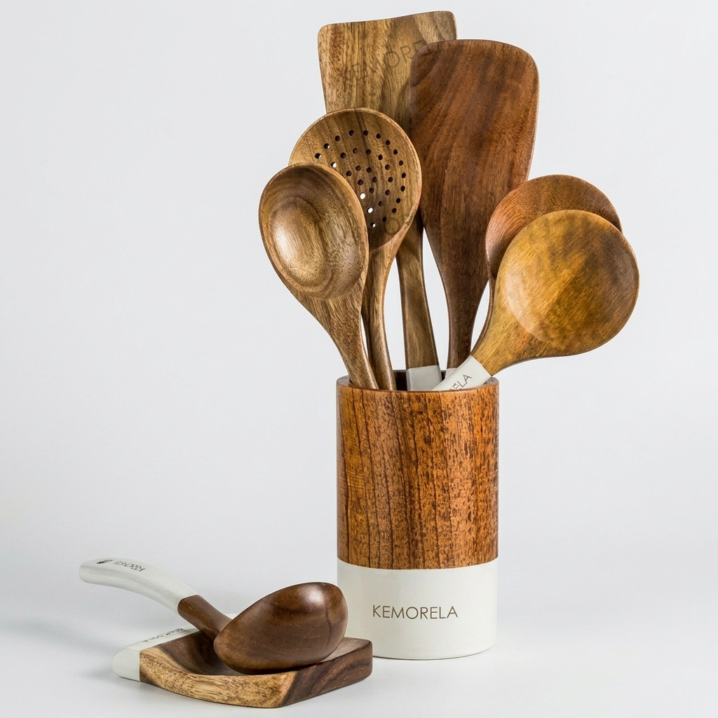 A set of wooden kitchen utensils with white handles, including spoons and a slotted spoon, stored in a cylindrical holder with a wood-grain upper section and a white lower section labeled KEMORELA. A matching wooden spoon rests on a small wooden stand in front, against a clean white background.