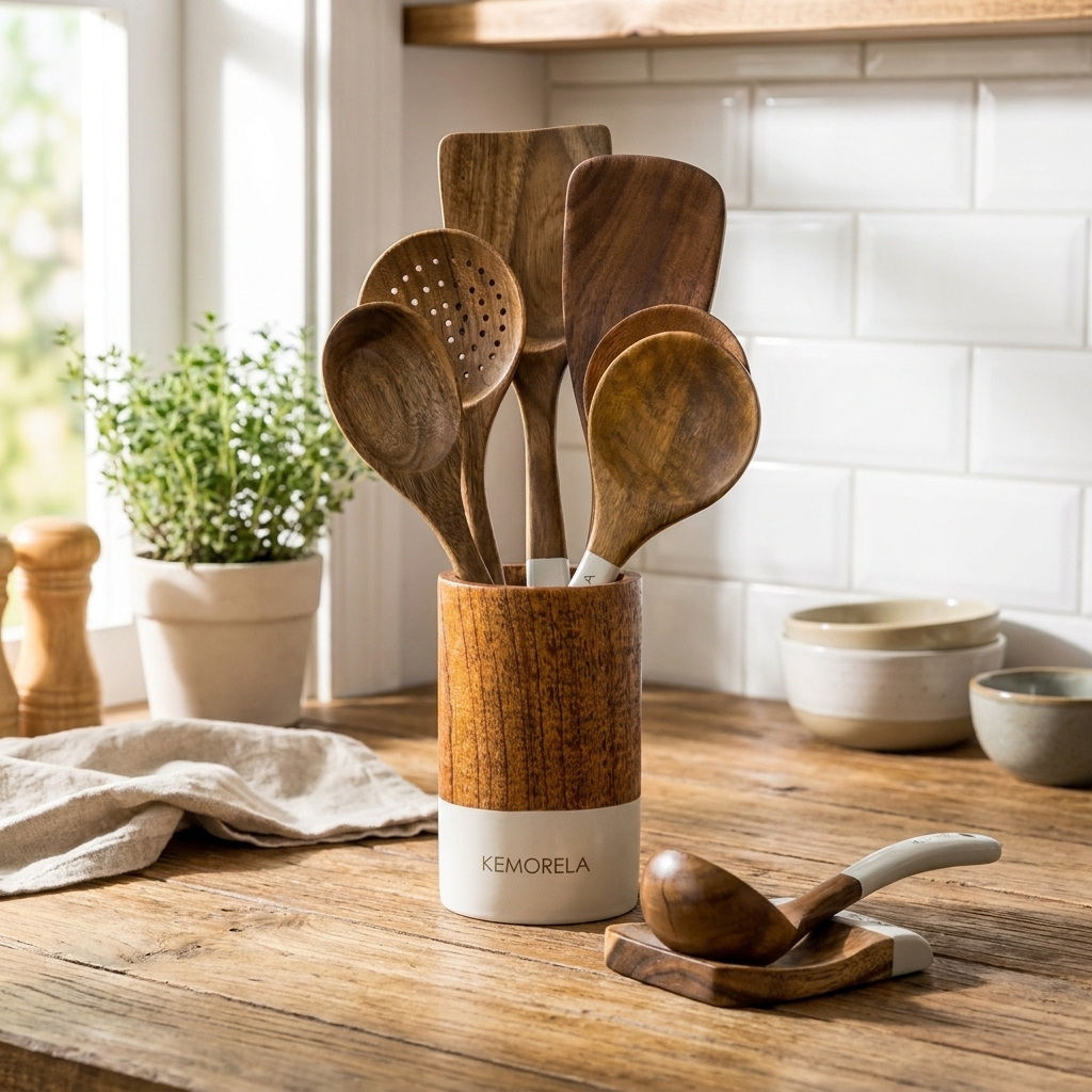 A KEMORELA wooden utensil holder and set on a rustic wooden kitchen counter, featuring wooden spoons, spatulas, and a serving spoon in a wood-and-white container, with a tiled backsplash and kitchen plants in the background.