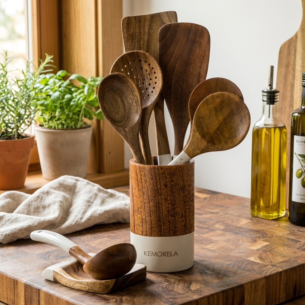 A wooden kitchen utensil holder with several wooden spoons and spatulas, set on a wooden countertop in a kitchen scene with potted plants, olive oil bottles, and a cloth towel.