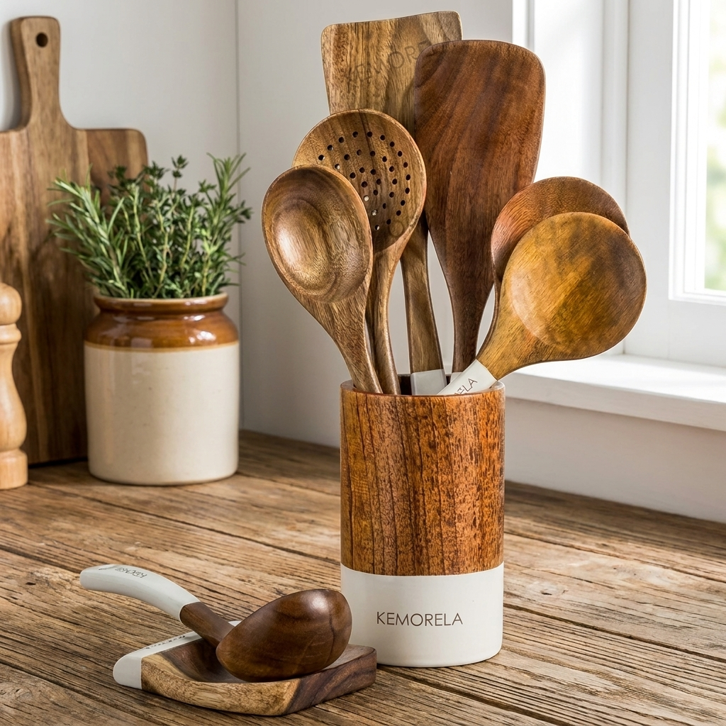 A set of wooden kitchen utensils, including spoons and spatulas, displayed in a cylindrical wooden holder with a white base printed with the brand name 'KEMORELA'. A matching wooden spoon rests on a small wooden tray in the foreground, set on a rustic wooden table near a window.