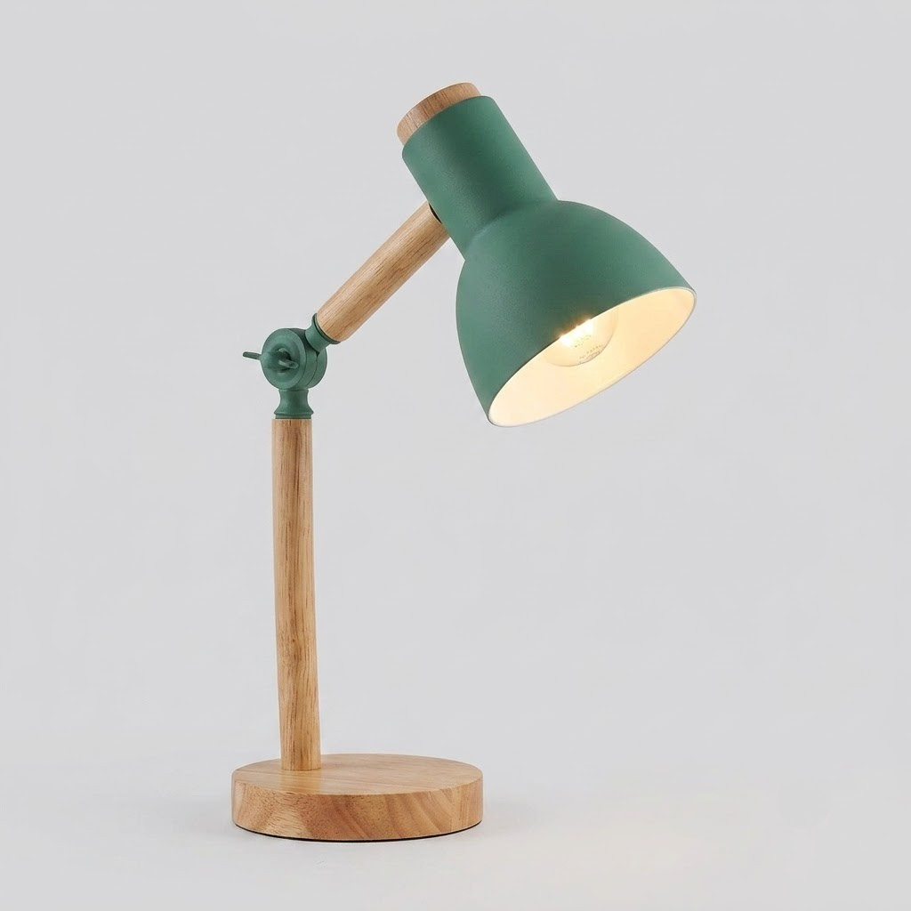 A modern adjustable desk lamp with a matte green metal shade and stem, natural wood joints and base, and a glowing warm light inside the open shade, set against a plain light gray background.